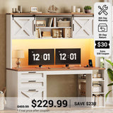 SEDETA® 55.1 Inch Farmhouse Desk with 3 Drawers LED Lights Office Desk with Hutch Executive Computer Desk with Storage Cabinet and Shelves Wood Home Office Desk with Power Outlet