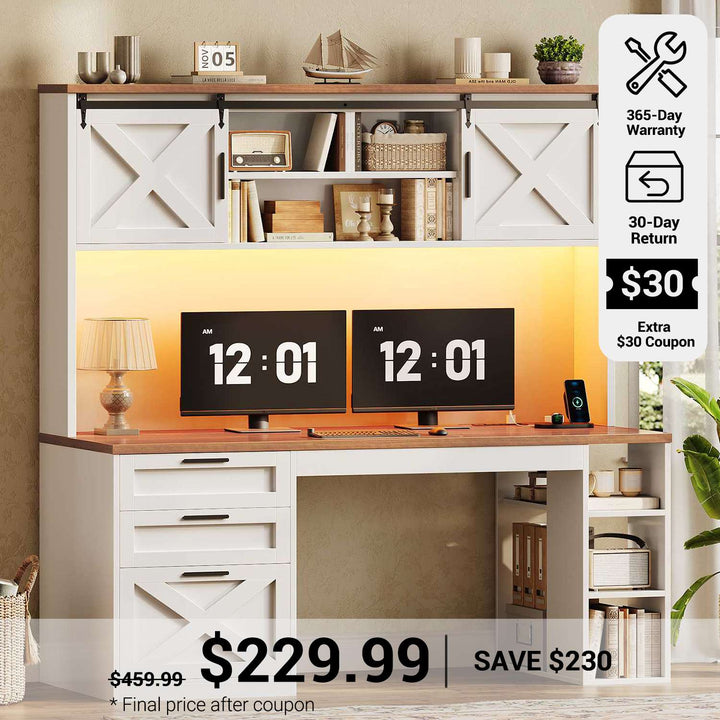 SEDETA® 55.1 Inch Farmhouse Desk with 3 Drawers LED Lights Office Desk with Hutch Executive Computer Desk with Storage Cabinet and Shelves Wood Home Office Desk with Power Outlet