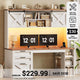 SEDETA® 55.1 Inch Farmhouse Desk with 3 Drawers LED Lights Office Desk with Hutch Executive Computer Desk with Storage Cabinet and Shelves Wood Home Office Desk with Power Outlet