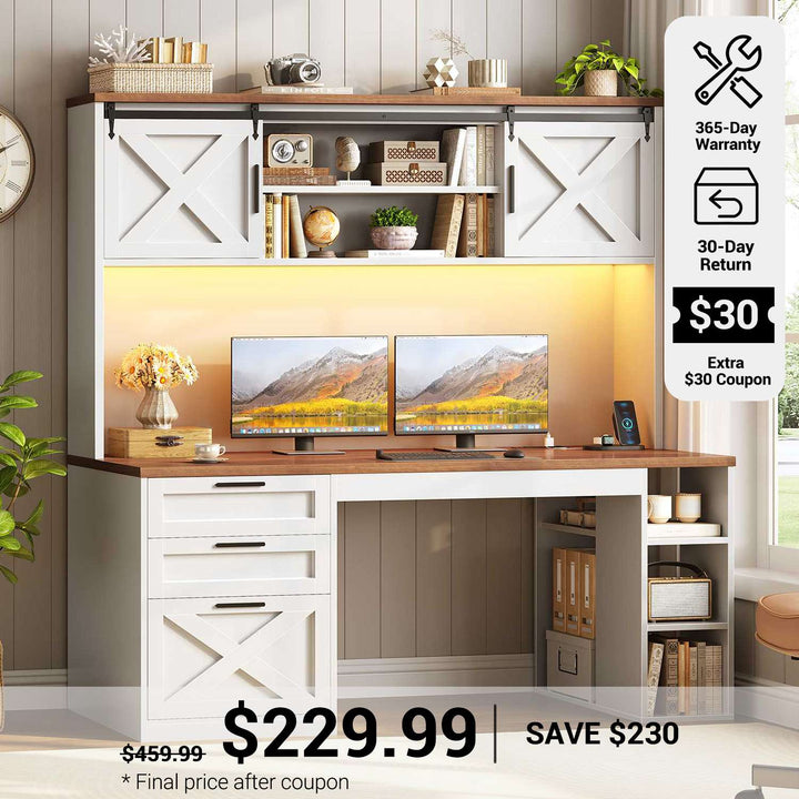 SEDETA® 55.1 Inch Farmhouse Desk with 3 Drawers LED Lights Office Desk with Hutch Executive Computer Desk with Storage Cabinet and Shelves Wood Home Office Desk with Power Outlet