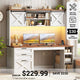 SEDETA® 55.1 Inch Farmhouse Desk with 3 Drawers LED Lights Office Desk with Hutch Executive Computer Desk with Storage Cabinet and Shelves Wood Home Office Desk with Power Outlet