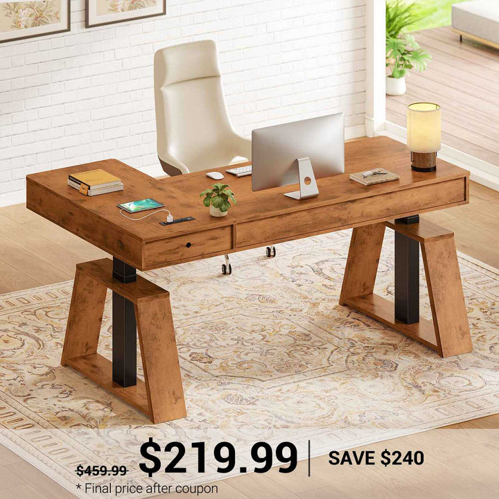 SEDETA 59 Inch L Shaped Electric Standing Desk Executive Height Adjustable Computer Desk with Drawers Power Outlets