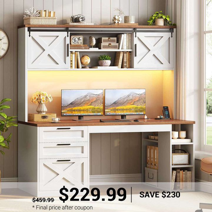SEDETA | 55.1 Inch Executive Computer Desk with Storage Cabinet and Shelves Farmhouse Desk with 3 Drawers LED Lights Office Desk with Hutch Wood Home Office Desk with Power Outlet