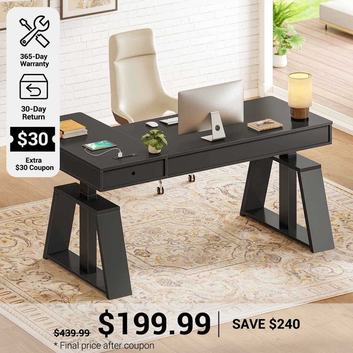 SEDETA® 59 Inch Electric Standing Desk L Shaped Height Adjustable Ergonomic Executive Computer Desk with Power Outlets Drawers