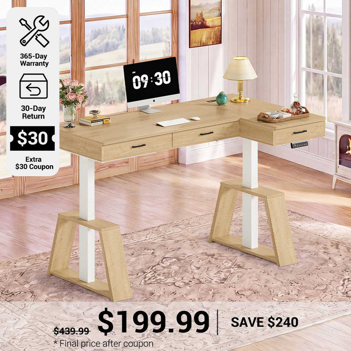 SEDETA® 59 Inch Electric Standing Desk L Shaped Height Adjustable Ergonomic Executive Computer Desk with Power Outlets Drawers