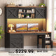 SEDETA | 55.1 Inch Executive Computer Desk with Storage Cabinet and Shelves Farmhouse Desk with 3 Drawers LED Lights Office Desk with Hutch Wood Home Office Desk with Power Outlet