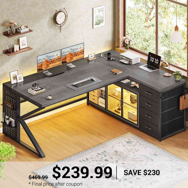 SEDETA 63 Inch L Shaped Gaming Desk with 4 Drawers Corner Office Desk with LED Lights Acrylic Cabinet for Home Office Executive Computer Desk for Bedroom