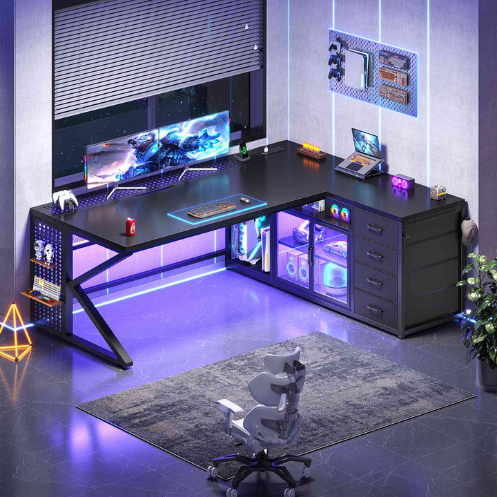 SEDETA® 63 Inch L Shaped Gaming Desk with LED Lights 4 Drawers Corner Office Desk with  Acrylic Cabinet Executive Computer Desk for Home Office