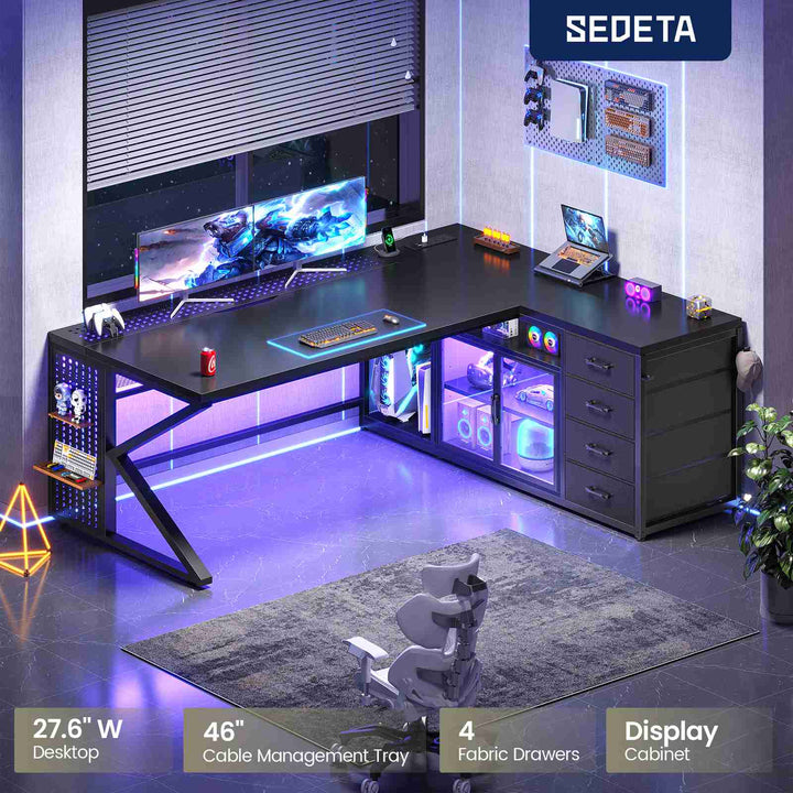 SEDETA® 63 Inch L Shaped Gaming Desk with LED Lights 4 Drawers Corner Office Desk with  Acrylic Cabinet Executive Computer Desk for Home Office