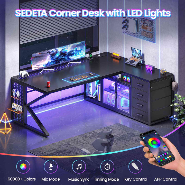 SEDETA® 63 Inch L Shaped Gaming Desk with LED Lights 4 Drawers Corner Office Desk with  Acrylic Cabinet Executive Computer Desk for Home Office