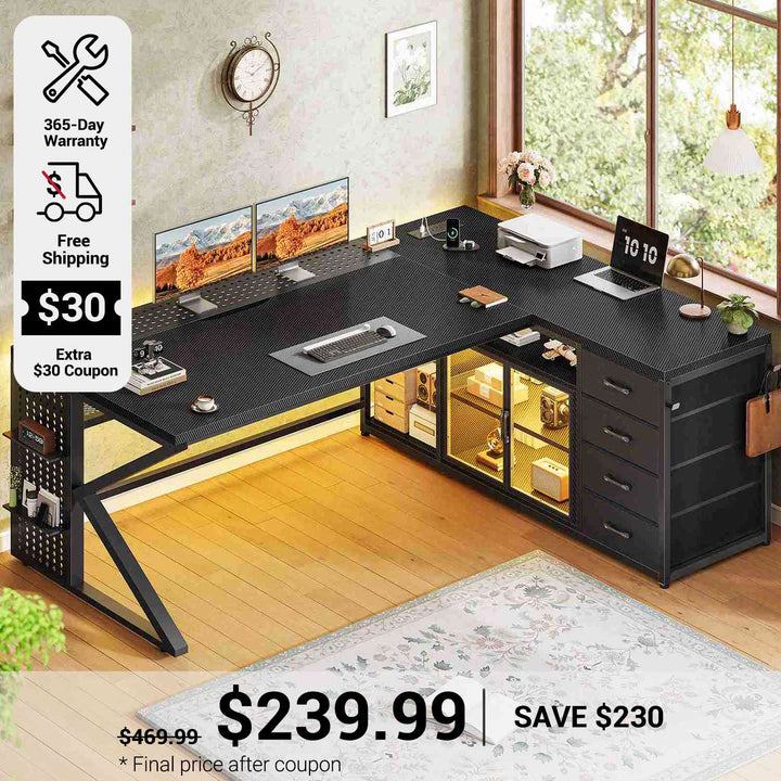 SEDETA 63 Inch L Shaped Gaming Desk with 4 Drawers Corner Office Desk with LED Lights Acrylic Cabinet for Home Office Executive Computer Desk for Bedroom