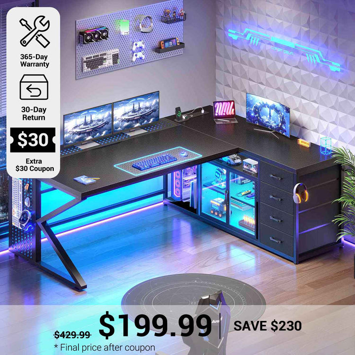 SEDETA® 63 Inch L Shaped Gaming Desk with LED Lights 4 Drawers Corner Office Desk with  Acrylic Cabinet Executive Computer Desk for Home Office
