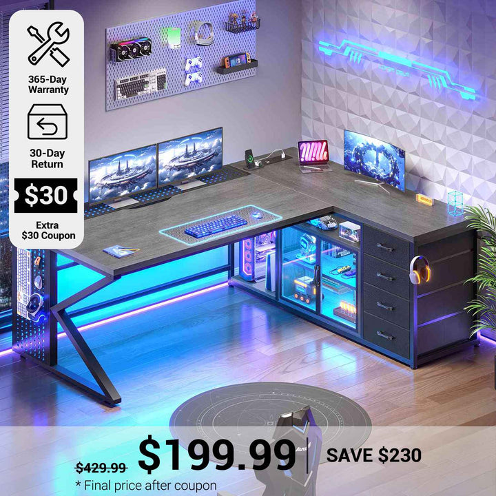 SEDETA® 63 Inch L Shaped Gaming Desk with LED Lights 4 Drawers Corner Office Desk with  Acrylic Cabinet Executive Computer Desk for Home Office