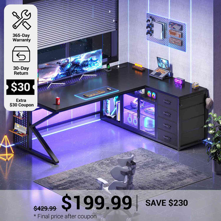 SEDETA® 63 Inch L Shaped Gaming Desk with LED Lights 4 Drawers Corner Office Desk with  Acrylic Cabinet Executive Computer Desk for Home Office