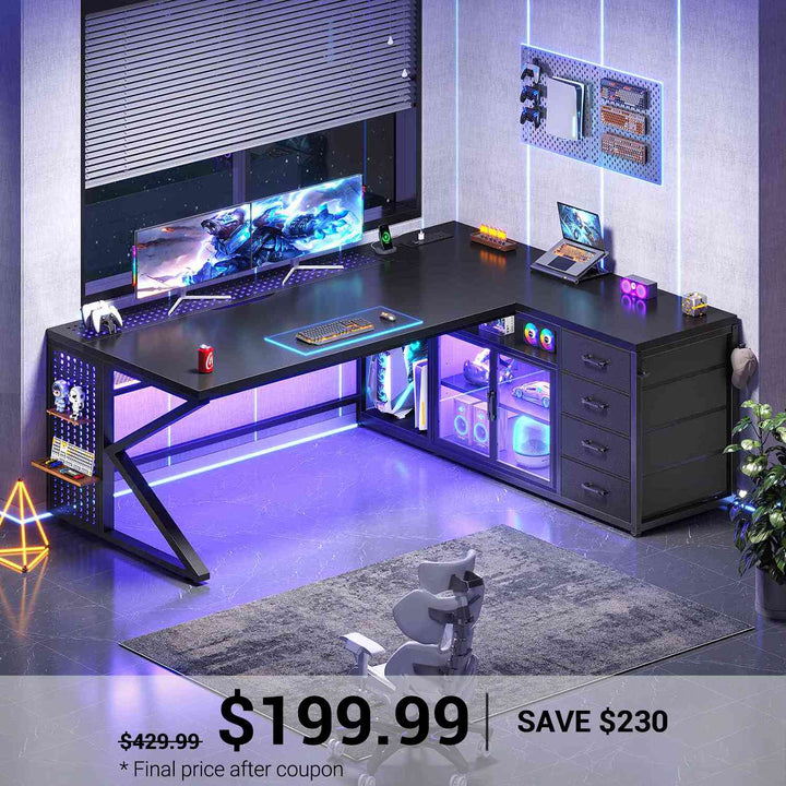 SEDETA® 63 Inch L Shaped Gaming Desk with LED Lights 4 Drawers Corner Office Desk with  Acrylic Cabinet Executive Computer Desk for Home Office