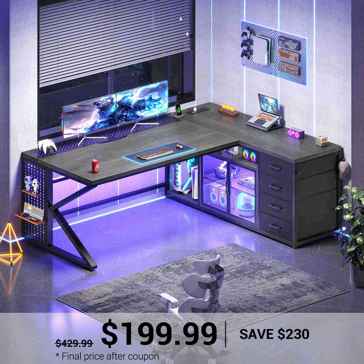 SEDETA® 63 Inch L Shaped Gaming Desk with LED Lights 4 Drawers Corner Office Desk with  Acrylic Cabinet Executive Computer Desk for Home Office