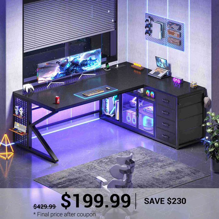 SEDETA® 63 Inch L Shaped Gaming Desk with LED Lights 4 Drawers Corner Office Desk with  Acrylic Cabinet Executive Computer Desk for Home Office