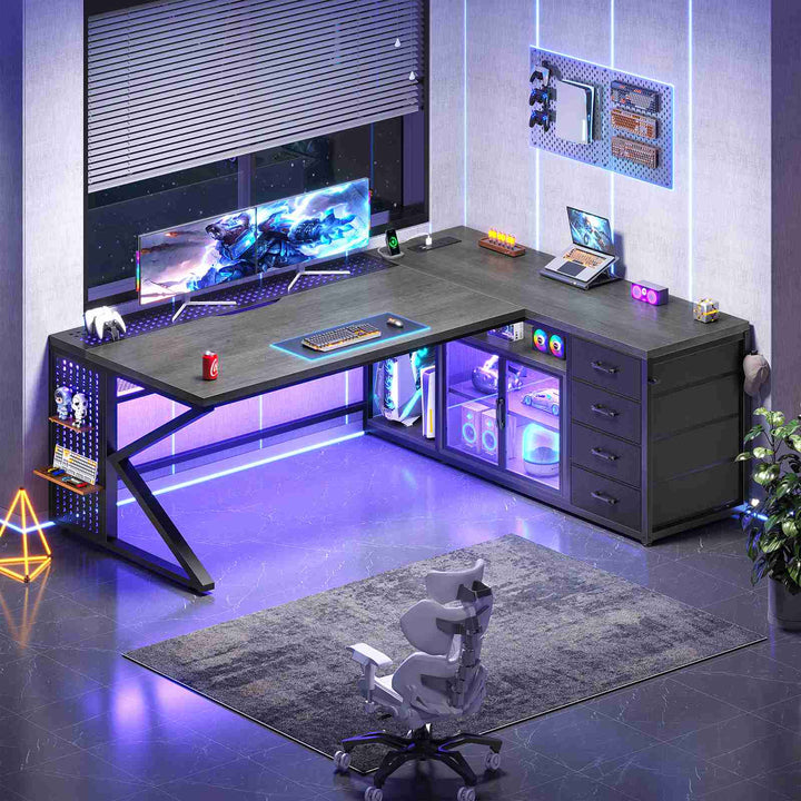 SEDETA® 63 Inch L Shaped Gaming Desk with LED Lights 4 Drawers Corner Office Desk with  Acrylic Cabinet Executive Computer Desk for Home Office
