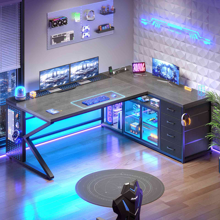 SEDETA® 63 Inch L Shaped Gaming Desk with LED Lights 4 Drawers Corner Office Desk with  Acrylic Cabinet Executive Computer Desk for Home Office