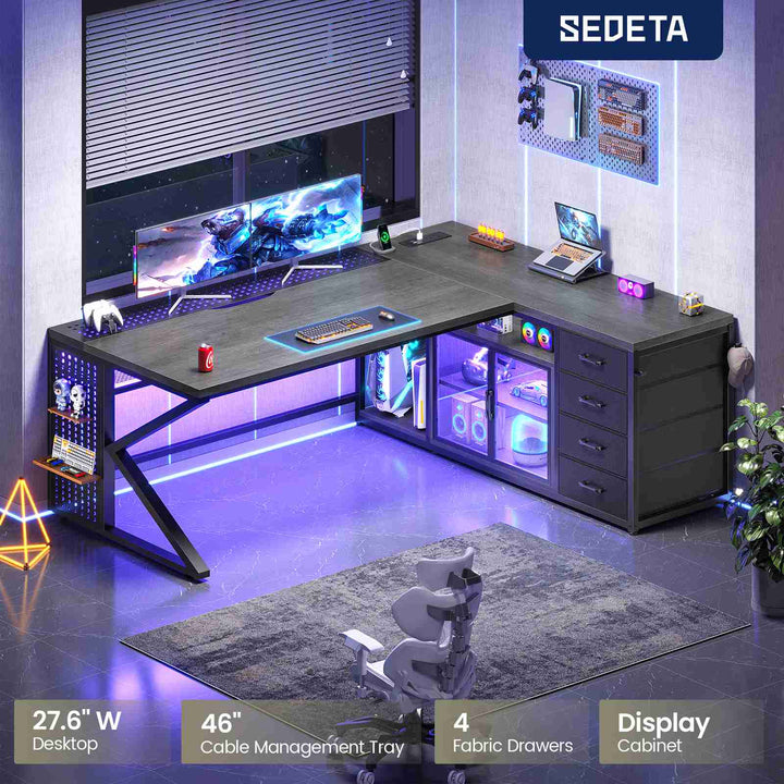 SEDETA® 63 Inch L Shaped Gaming Desk with LED Lights 4 Drawers Corner Office Desk with  Acrylic Cabinet Executive Computer Desk for Home Office