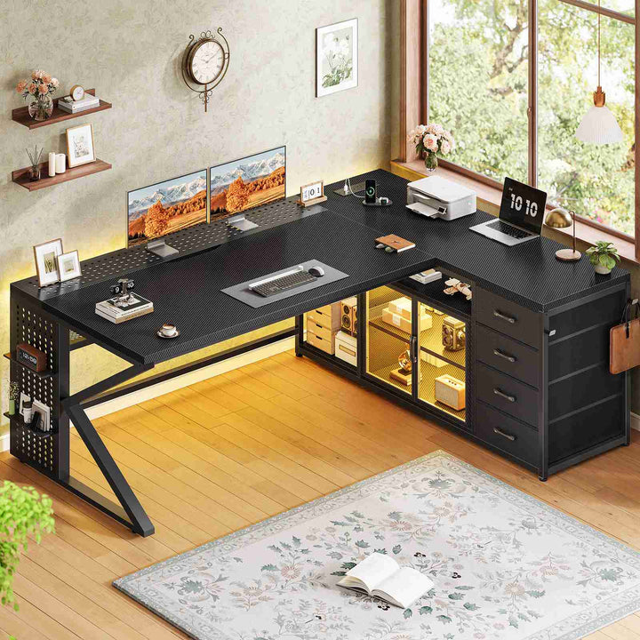 SEDETA® 63 Inch L Shaped Gaming Desk with LED Lights 4 Drawers Corner Office Desk with  Acrylic Cabinet Executive Computer Desk for Home Office