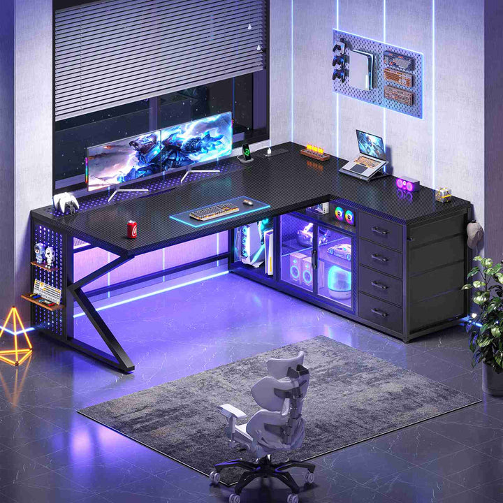 SEDETA® 63 Inch L Shaped Gaming Desk with LED Lights 4 Drawers Corner Office Desk with  Acrylic Cabinet Executive Computer Desk for Home Office