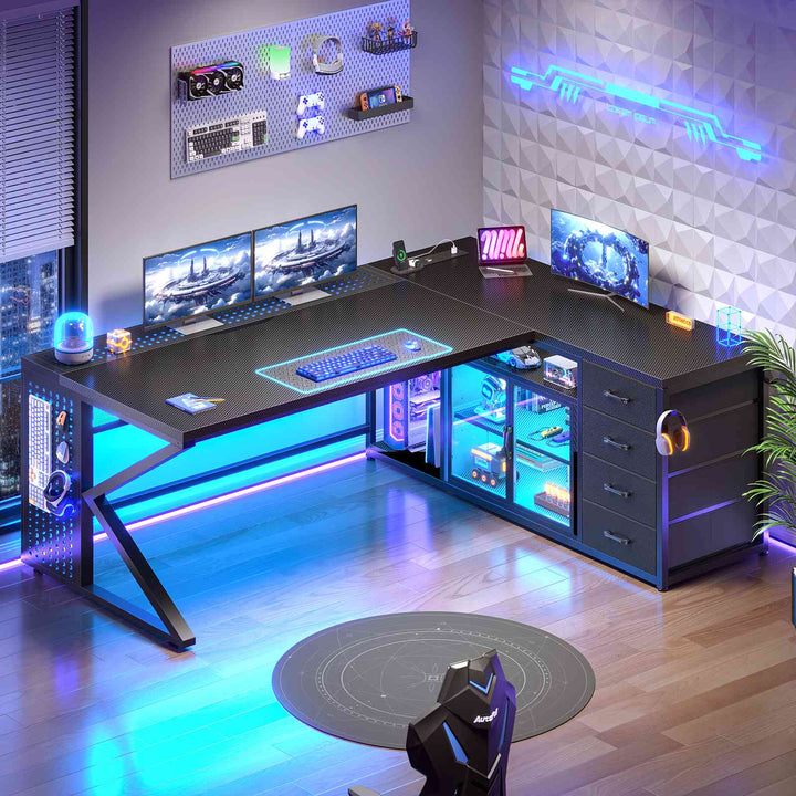 SEDETA® 63 Inch L Shaped Gaming Desk with LED Lights 4 Drawers Corner Office Desk with  Acrylic Cabinet Executive Computer Desk for Home Office