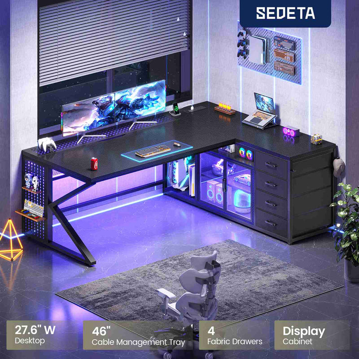 SEDETA® 63 Inch L Shaped Gaming Desk with LED Lights 4 Drawers Corner Office Desk with  Acrylic Cabinet Executive Computer Desk for Home Office