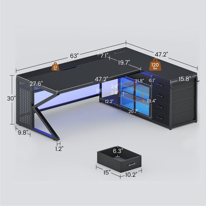 SEDETA® 63 Inch L Shaped Gaming Desk with LED Lights 4 Drawers Corner Office Desk with  Acrylic Cabinet Executive Computer Desk for Home Office