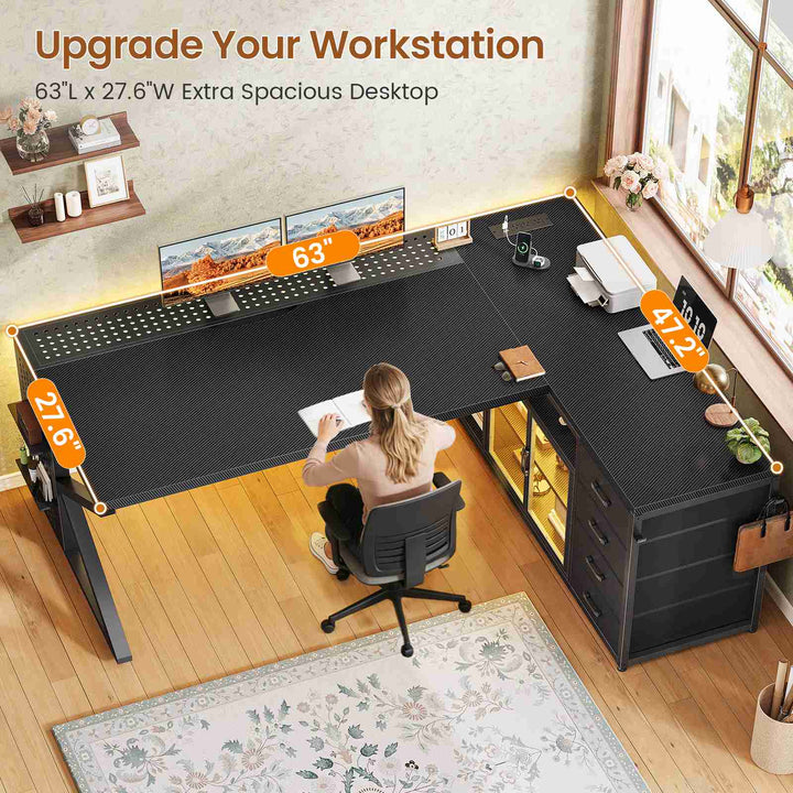 SEDETA® 63 Inch L Shaped Gaming Desk with LED Lights 4 Drawers Corner Office Desk with  Acrylic Cabinet Executive Computer Desk for Home Office