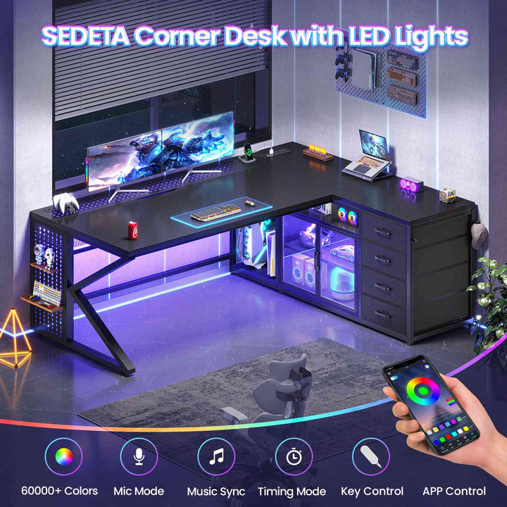 SEDETA® 63 Inch L Shaped Gaming Desk with LED Lights 4 Drawers Corner Office Desk with  Acrylic Cabinet Executive Computer Desk for Home Office