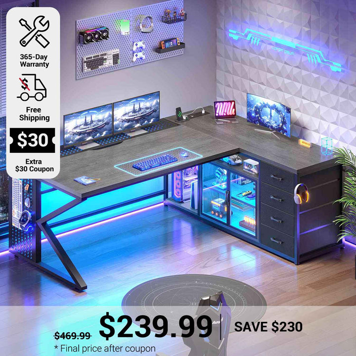 SEDETA 63 Inch L Shaped Gaming Desk with 4 Drawers Corner Office Desk with LED Lights Acrylic Cabinet for Home Office Executive Computer Desk for Bedroom
