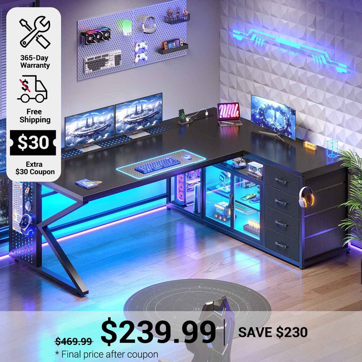 SEDETA 63 Inch L Shaped Gaming Desk with 4 Drawers Corner Office Desk with LED Lights Acrylic Cabinet for Home Office Executive Computer Desk for Bedroom
