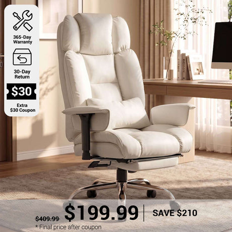 SEDETA® 24.4 Inch Seat Computer Chair with Footrest Executive Home Office Chairs with PU Leather Big and Tall Office Chair 350lbs Adjustable Headrest 135° recline pocket spring dual-layer foam cushion