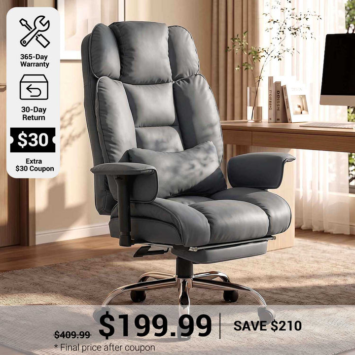 SEDETA® 24.4 Inch Seat Computer Chair with Footrest Executive Home Office Chairs with PU Leather Big and Tall Office Chair 350lbs Adjustable Headrest 135° recline pocket spring dual-layer foam cushion