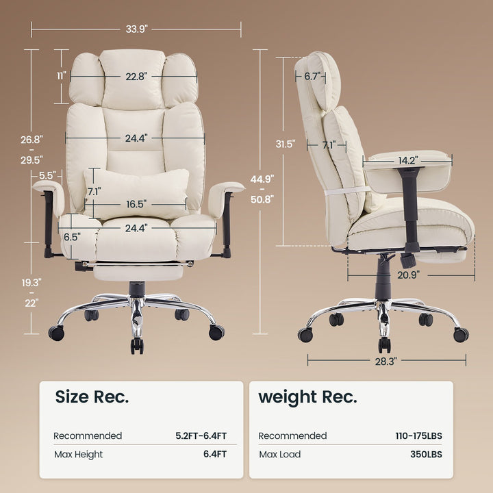 SEDETA | 24.4 Inch Office Chair with Adjustable Headrest Computer Chair with Footrest Executive Home Office Chairs with PU Leather 350lbs  135° recline pocket spring dual-layer foam cushion