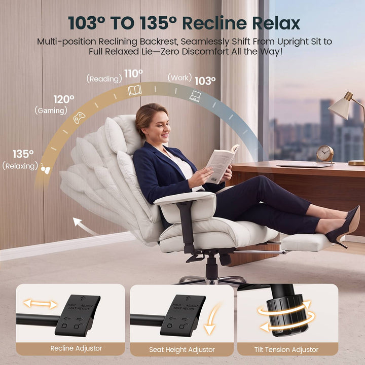 SEDETA | 24.4 Inch Office Chair with Adjustable Headrest Computer Chair with Footrest Executive Home Office Chairs with PU Leather 350lbs  135° recline pocket spring dual-layer foam cushion