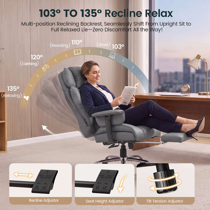 SEDETA | 24.4 Inch Office Chair with Adjustable Headrest Computer Chair with Footrest Executive Home Office Chairs with PU Leather 350lbs  135° recline pocket spring dual-layer foam cushion