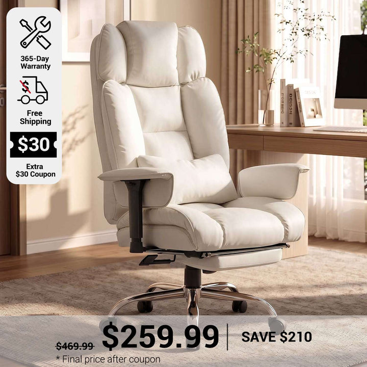 SEDETA 24.4 Inch Seat Executive Home Office Chairs with Footrest PU Leather Computer Chair Big and Tall Office Chair 350lbs Adjustable Headrest 135° recline pocket spring dual-layer foam cushion