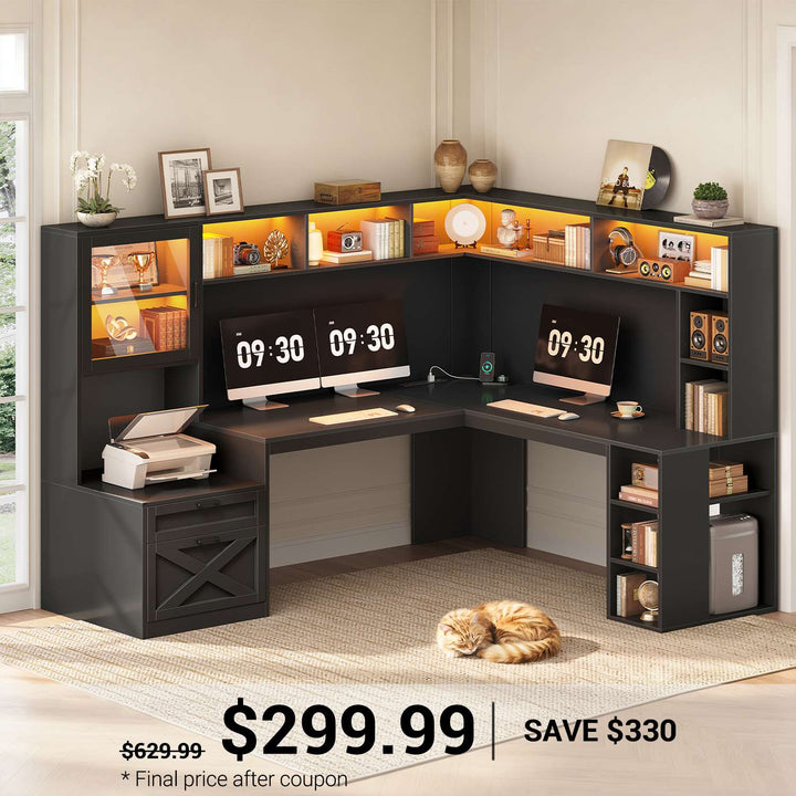 SEDETA | 67.9 Inch L Shaped Computer Desk with Drawers LED Lights Power Outlet Farmhouse Office Desk with Double Hutch Storage Shelves Corner Home Office Desk for Gaming Work and Study