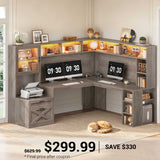 SEDETA | 67.9 Inch L Shaped Computer Desk with Drawers LED Lights Power Outlet Farmhouse Office Desk with Double Hutch Storage Shelves Corner Home Office Desk for Gaming Work and Study