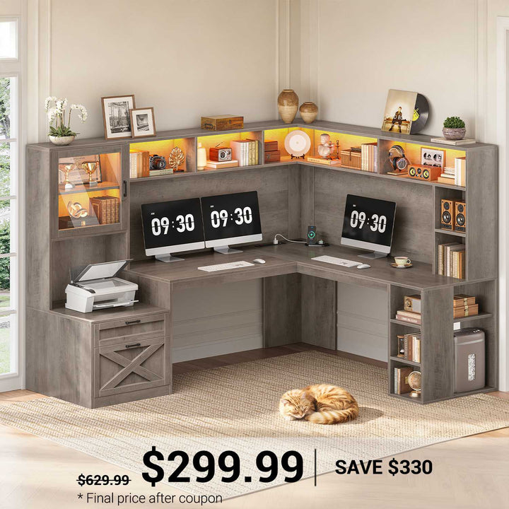 SEDETA | 67.9 Inch L Shaped Computer Desk with Drawers LED Lights Power Outlet Farmhouse Office Desk with Double Hutch Storage Shelves Corner Home Office Desk for Gaming Work and Study
