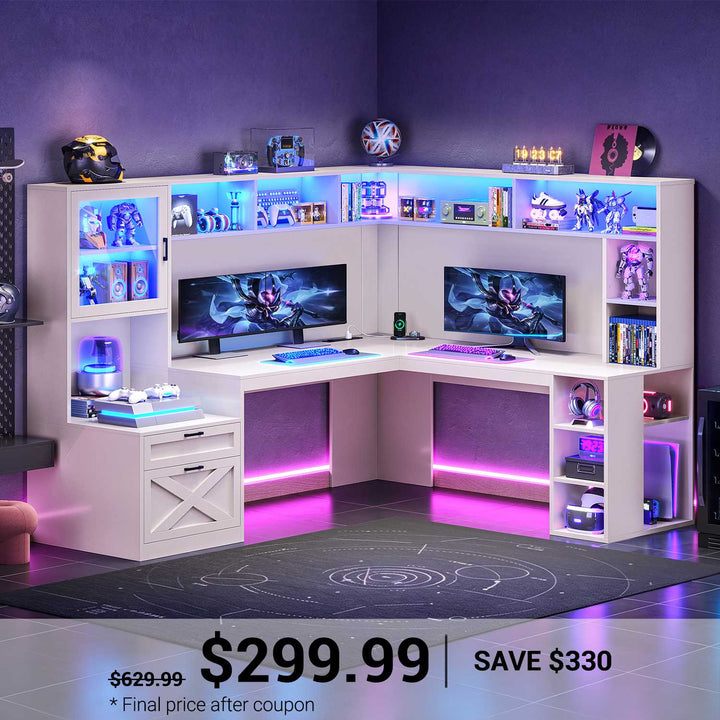 SEDETA | 67.9 Inch L Shaped Computer Desk with Drawers LED Lights Power Outlet Farmhouse Office Desk with Double Hutch Storage Shelves Corner Home Office Desk for Gaming Work and Study
