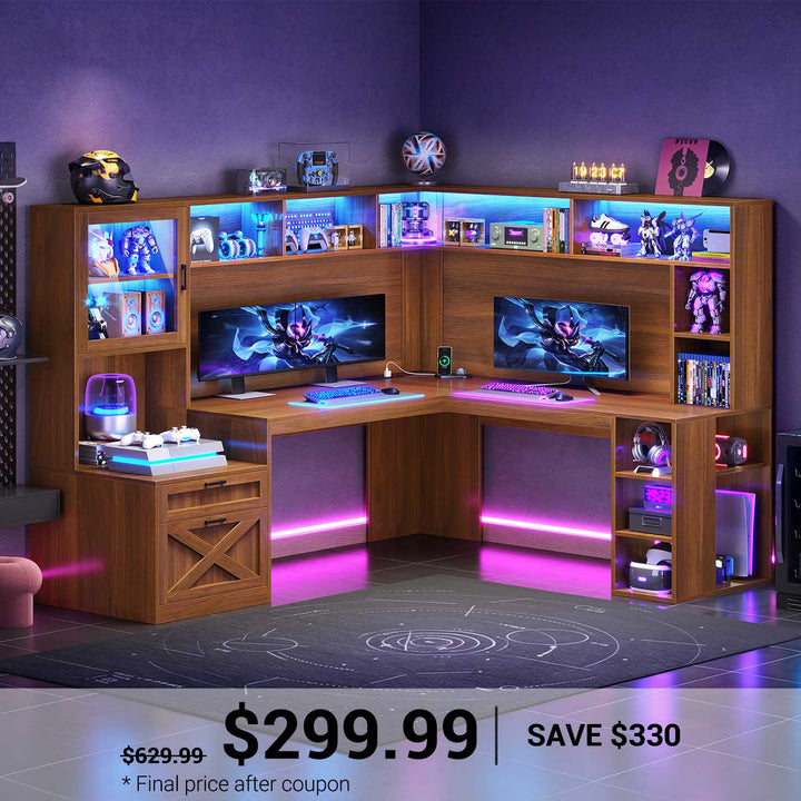 SEDETA | 67.9 Inch L Shaped Computer Desk with Drawers LED Lights Power Outlet Farmhouse Office Desk with Double Hutch Storage Shelves Corner Home Office Desk for Gaming Work and Study