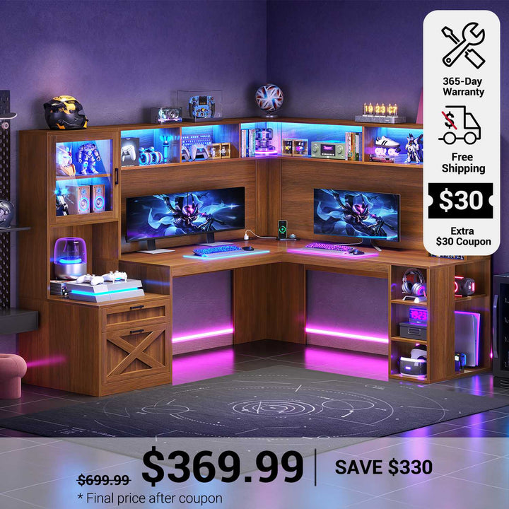 SEDETA 67.9 Inch Farmhouse L Shaped Office Desk with Double Hutch Storage Shelves Large Corner Computer Desk with Drawers LED Lights Power Outlet Home Office Desk for Gaming Work and Study