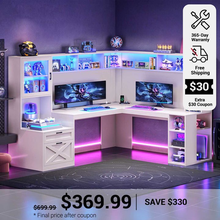 SEDETA 67.9 Inch Farmhouse L Shaped Office Desk with Double Hutch Storage Shelves Large Corner Computer Desk with Drawers LED Lights Power Outlet Home Office Desk for Gaming Work and Study