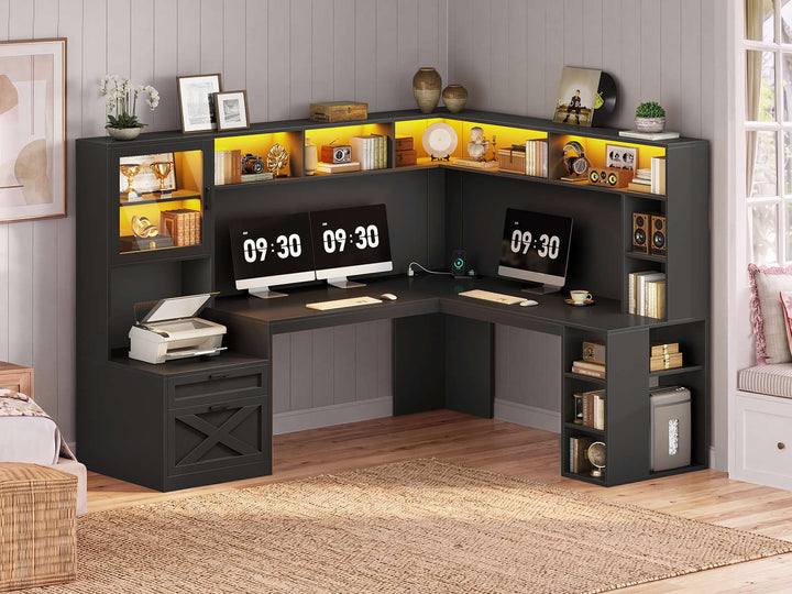 SEDETA | 67.9 Inch L Shaped Computer Desk with Drawers LED Lights Power Outlet Farmhouse Office Desk with Double Hutch Storage Shelves Corner Home Office Desk for Gaming Work and Study