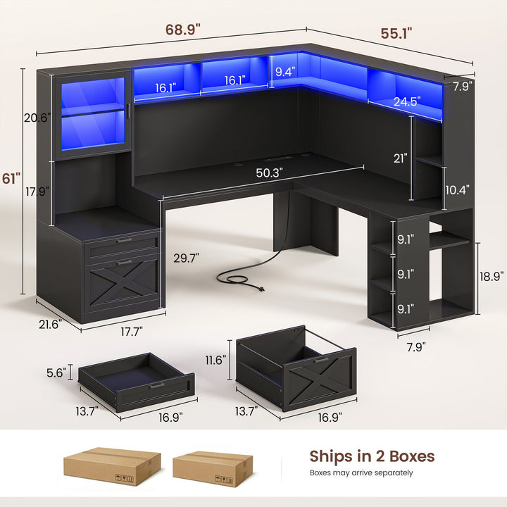 SEDETA | 67.9 Inch L Shaped Computer Desk with Drawers LED Lights Power Outlet Farmhouse Office Desk with Double Hutch Storage Shelves Corner Home Office Desk for Gaming Work and Study