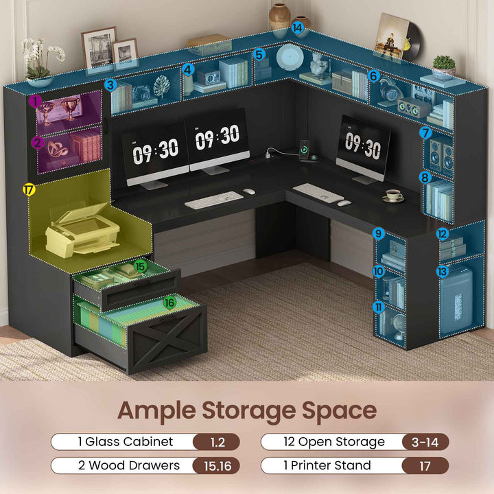 SEDETA | 67.9 Inch L Shaped Computer Desk with Drawers LED Lights Power Outlet Farmhouse Office Desk with Double Hutch Storage Shelves Corner Home Office Desk for Gaming Work and Study