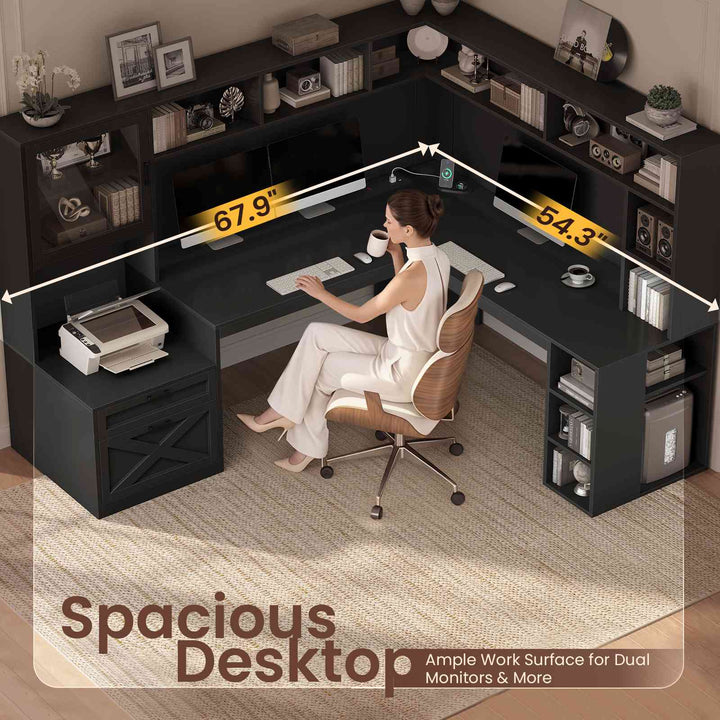 SEDETA | 67.9 Inch L Shaped Computer Desk with Drawers LED Lights Power Outlet Farmhouse Office Desk with Double Hutch Storage Shelves Corner Home Office Desk for Gaming Work and Study
